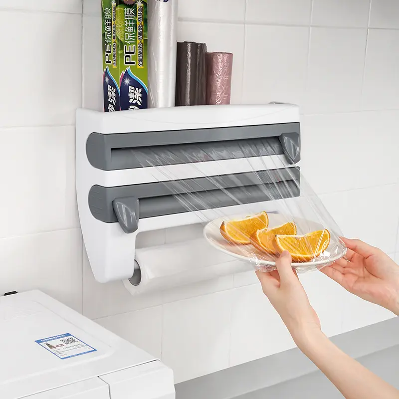 Multi-function Kitchen Shelf Spice Storage Rack Plastic Wrap Cutting Cling Film Cutter Paper Towel Holder