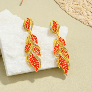 Leaf <b>Stud</b> <b>Earrings</b> Zinc Alloy Red Gold Plated Party Drop <b>Earrings</b> With Rhinestones Plant Pattern Jewelry B605 - Product Image 1