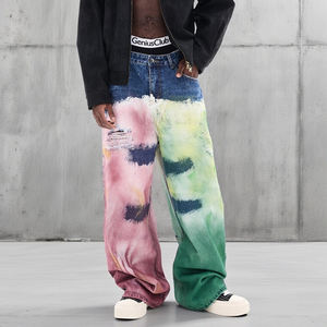 Jeans décontractés et amples, nouvelle tendance, marque, coupe droite, design graffiti à l'encre aquarelle et délavé à l'eau de Javel, avec trous - Product Image 1