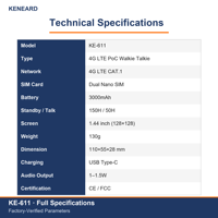 KENEARD KE-116 Radio PoC 4G LTE Jangkauan Jauh 5000km Walkie Talkie Dual SIM 3000mAh 150 Jam Siaga Tipe-C untuk Keamanan Logistik