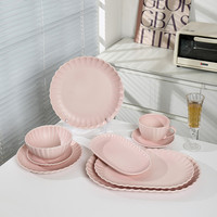 Ensemble de dîner en grès céramique gaufré rose mat personnalisé haut de gamme ensemble d'assiettes de restaurant modernes vaisselle