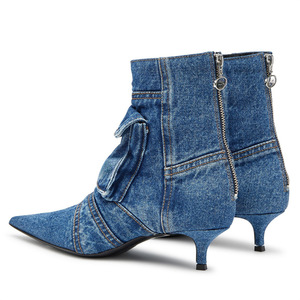 Denim Pockets Ankle Boots Low Heels Dress Stiletto Women Jeans Back Zipper Shoes Retro Styles Short <b>Booties</b> - Product Image 5