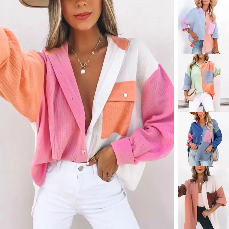2023 New Fashion Ladies Color Blocking Casual Oversize Lapel Button Down Linen clothing Shirt shacket blouse for Women