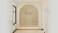 Display Rückwand zurück Schrank Holz mit LED-Logo Shop Vitrine