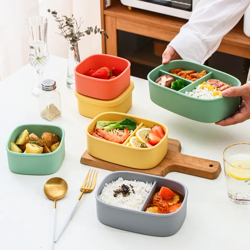 Rafine yeni tasarım silikon gıda konteyner isıya dayanıklı yapışmaz gıda sınıfı silikon öğle yemeği için Bento kutusu bölmeli yemek kutusu