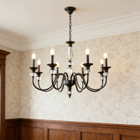 JACKSUN Lustre Noir à 8 Lumières Style Ferme, Suspension Vintage en Cristal, Réglable pour Couloir, Hall d'Entrée, E14