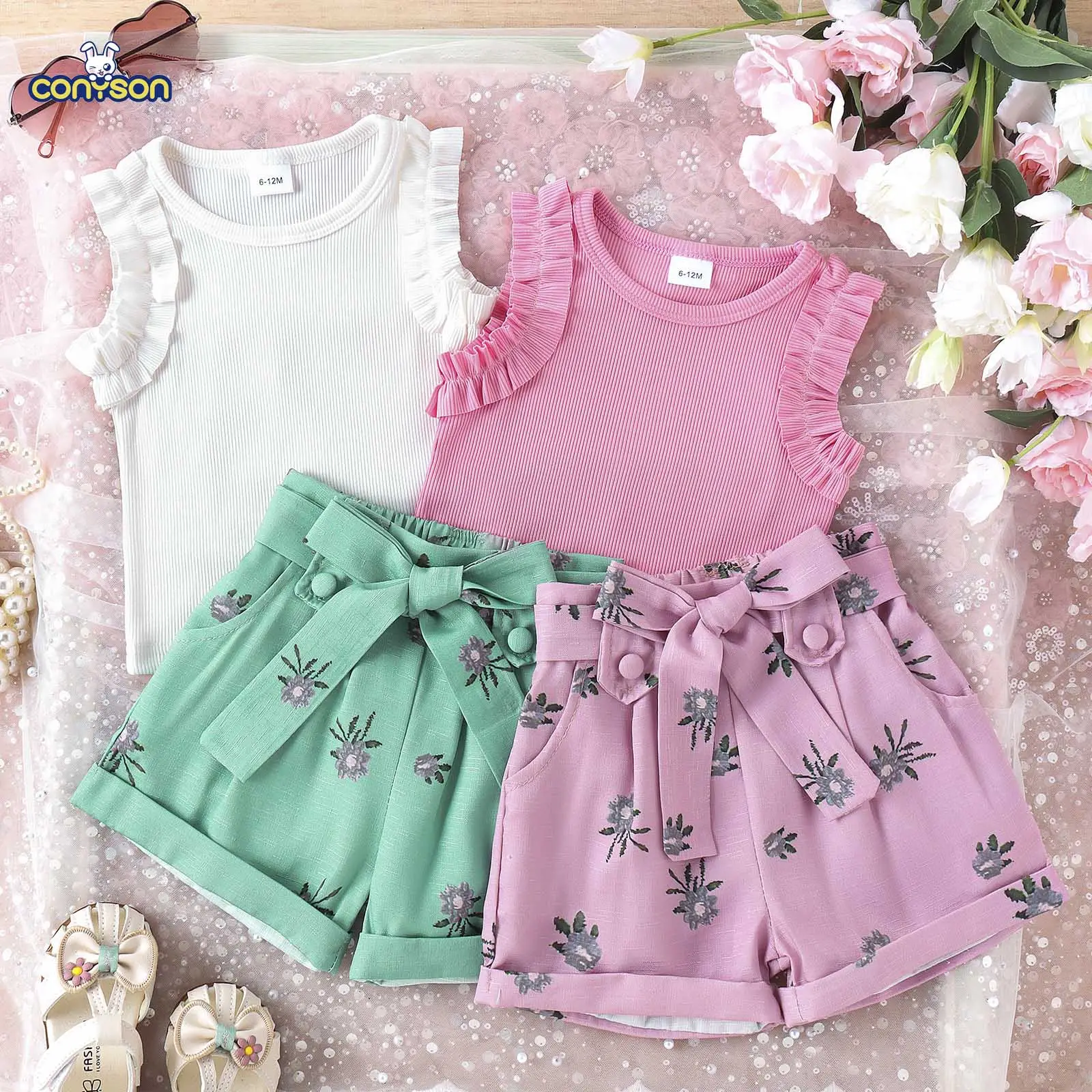 Conyson Conjunto de roupas para meninas 0-4T sem mangas, colete com estampa floral, shorts, roupas infantis, conjunto de roupas de verão para meninas