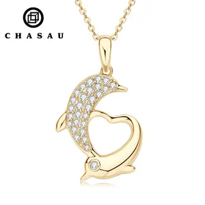 Real 10K Yellow Gold Double Dolphin Guard Pendants with 925 silver chain Round Moissanite Heart Necklaces 925 Silver for Women