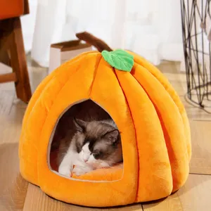 Winter Indoor Semi Enclosed Pumpkin Shape Warming super soft Pet Cat bed Houses Nest cute Small Dogs Home