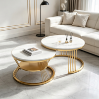 Ensemble de tables basses gigognes de luxe, plateau effet marbre blanc, structure en métal doré, 2 pièces, table à thé, salon, hôtel