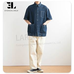 LARSUR produttore di abbigliamento personalizzato cotone saia maniche corte camicie da lavoro Multi tasca con bottone Jeans Jeans camicia da lavoro per gli uomini - Product Image 5