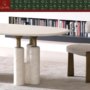 Mesa de Comedor Ovalada Moderna GOLDKING de Travertino con Tapa Beige, Patas de Bloque Doble con Acabado en Latón, Diseño Personalizado, Directo de Fábrica - Product Image 6