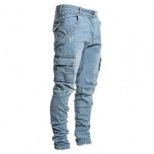 Pantalones vaqueros de mezclilla para hombre, nuevos, al por mayor, de corte ajustado, informales, con cremallera, largos, para otoño, con estampado medio claro, J0186 - Product Image 5