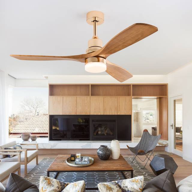 In Stock Modern Gold Ceiling Fan 3 Solid Wood Blade 6 Speed Noiseless Motor Led Light Ceiling Fan With Remote Control
