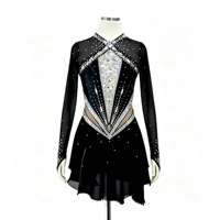 Robe de patinage artistique noire et argentée avec strass, manches longues, en maille, pour enfants et adultes, tenue de compétition sur glace