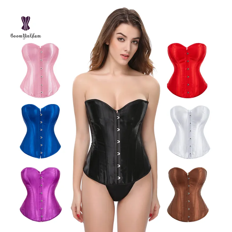 satin overbust 14 elastic boned sexy women waist training corset bustier for party club wear