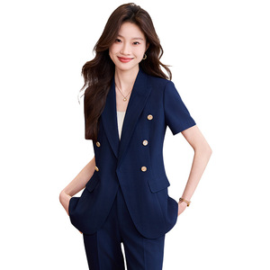 Pink Women's Short Sleeve Suit Set Solid Color Breathable Polyester Casual Suit Jacket With Buttons For Office And Daily Wear - Product Image 5