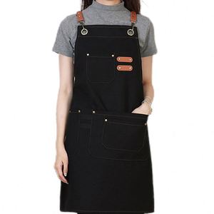 Tablier en toile de coton noir brodé avec logo personnalisé, sans manches, lavable, pour restaurants, fast-foods, chefs et serveurs - Product Image 1