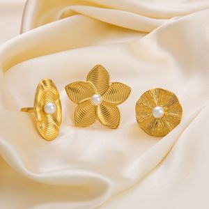 <b>Stud</b> Earrings Flower Shape <b>Titanium</b> Steel Gold Plated Pearl Inlay Party Jewelry Women's Fashion Accessories - Product Image 3