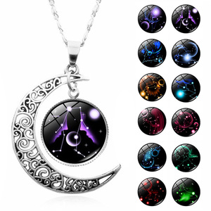 Nouveau collier personnalisé DIY avec les 12 signes du zodiaque, collier tendance avec pendentif en forme de croissant de lune en verre luminescent dans le noir pour femmes et hommes, cadeaux - Product Image 2