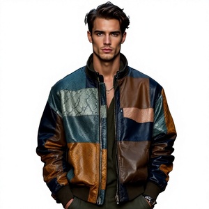 Chaqueta de cuero para hombre estilo bomber con patchwork de piel de vaca, estampado de serpiente, cierre de cremallera, cuello vuelto, estilo motociclista, para otoño. - Product Image 6