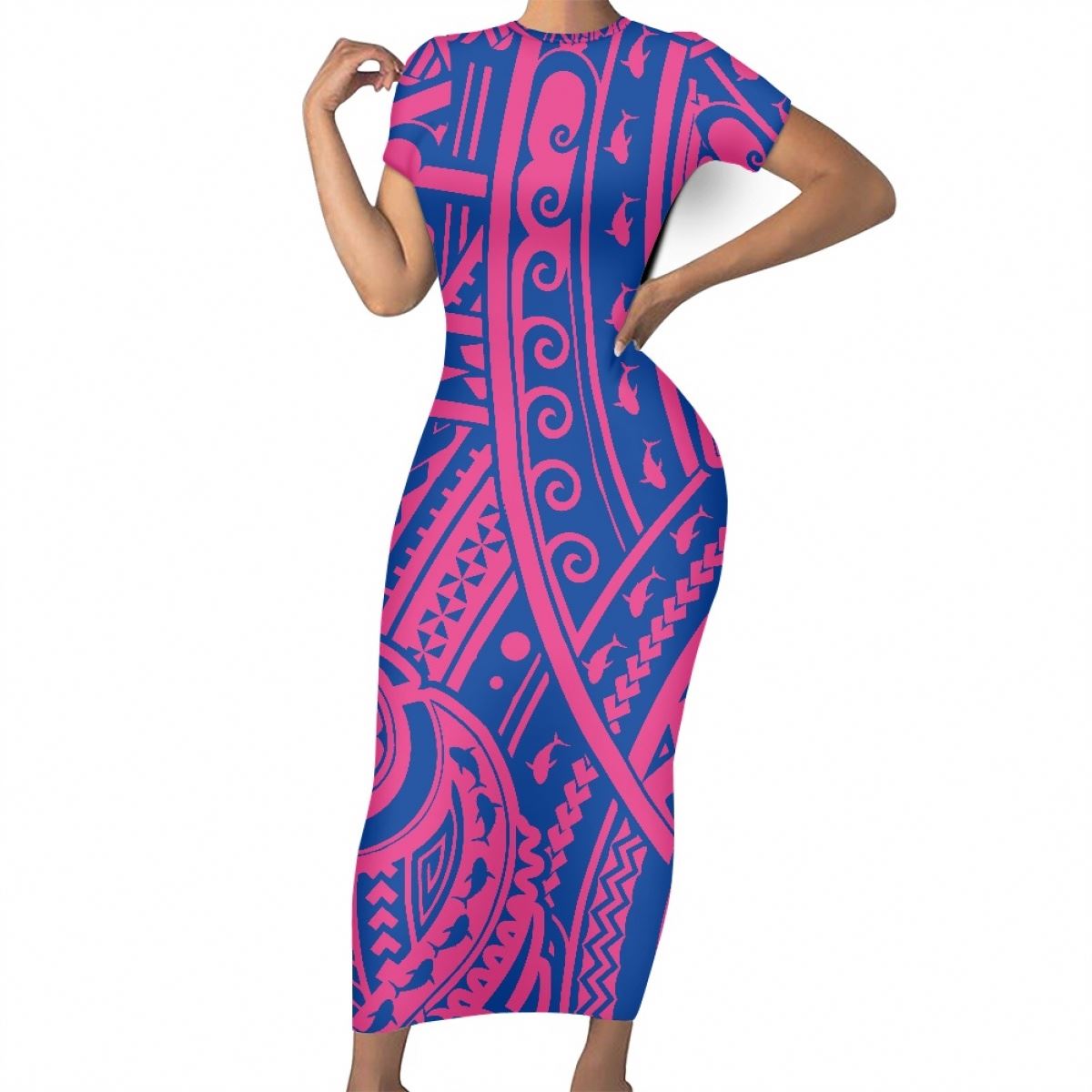 Vintage Blue Bodycon Maxi Dress With Short Sleeves - Oem