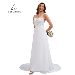 Elegante abito da sposa senza schienale con strascico in Chiffon lungo davanti a schiena lunga in misto paillettes con strascico da cappella - Product Image 4