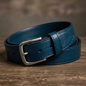 Ceinture en cuir véritable bleu uni avec boucle ardillon rectangulaire argentée, formelle, pour homme, durable - Product Image 1