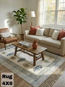 Blue Floral Buti Print Cotton <b>Rug</b> 4x6 Handmade Carpet with Tassels <b>Boho</b> Floor Mat Living Room Bedroom Decor - Product Image 2