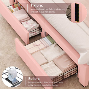 <span class=keywords><strong>Base</strong></span> de Cama <span class=keywords><strong>Tapizada</strong></span> Kainice de Diseño Moderno, Tamaño Queen, Color Rosa Suave, con 2 Ruedas, Cajones, Cabecera Baja con Luces LED - Product Image 5