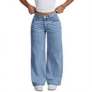 New Loose Light Blue Washed Straight Wide Leg Jeans Solid Color Pants Women's Jeans - Product Image 1