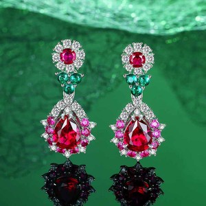 Thời trang dangle Bông tai sang trọng 925 Sterling Bạc thả bông tai nước thả màu đỏ <span class=keywords><strong>ruby</strong></span> Màu xanh sapphire Zirconia Bông tai - Product Image 3