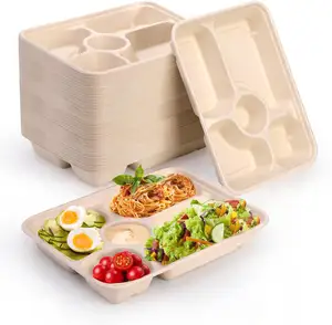 Plato de caña de azúcar seccional compostable de alta resistencia, platos de papel desechables de bagazo de 5 compartimentos, aptos para microondas
