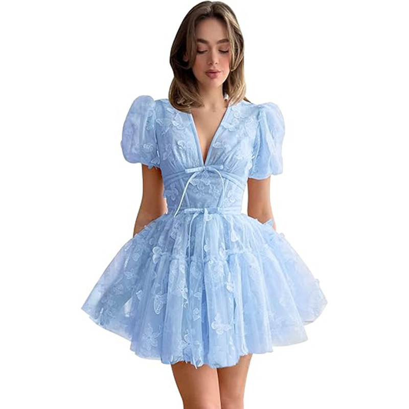 sachin and babi light blue dress MissJophiel V Neck Beaded Butterfly Sky Blue Long Dress Sky Blue / Tea Length / US12 main image 0