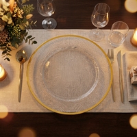 Assiettes de présentation élégantes de 13 pouces en plastique transparent avec bordure dorée, style minimaliste, pour mariage, événement, fête, vaisselle de table, 100 pièces, logo personnalisé