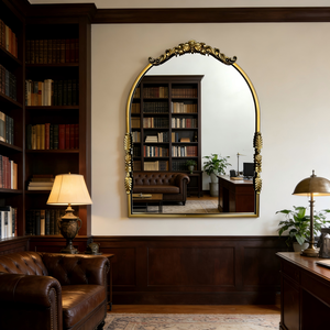 Luxe vintage gegraveerde boogspiegel, gouden sierlijk ijzeren frame decoratieve spiegel voor entree woonkamer - Product Image 2