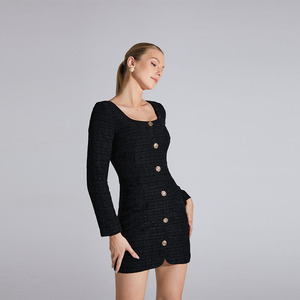 Hot Selling New Woolen Blend Damen bekleidung Square Neck Langarm Button Design Slim Fit Mini Damen kleid - Product Image 6