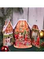 Scène de maison de cadeau de fête de haute qualité avec le père noël petite fille pile de cadeaux arbre de noël 3D carte de voeux à double porte