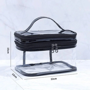 Organizador de cosméticos de viaje de doble capa con logotipo personalizado bolsa de maquillaje transparente con soporte de cepillos impermeable para artículos de tocador y necesidades de viaje - Product Image 2