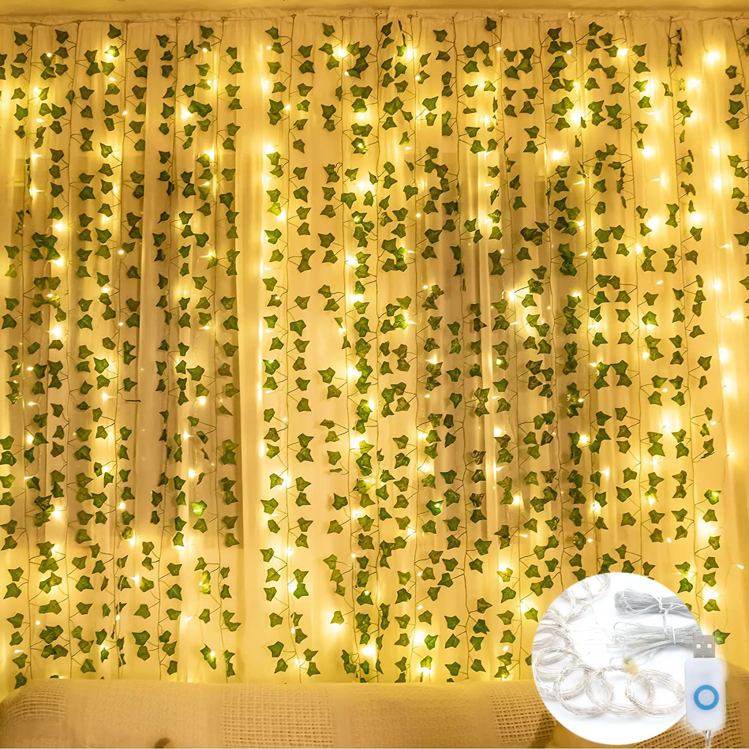 結婚式の装飾ハンギングプラントヴァイン300 LEDカーテンストリングライト人工アイビーガーランド植物リモコン付き