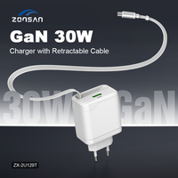 Chargeur PD 30W Type C pour Apple iPhone Samsung Adaptateur de chargeur de téléphone portable Chargeur rapide Gan 30W avec câble rétractable