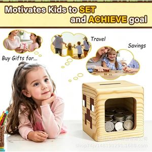 Hucha cuadrada de madera transparente con estante extraíble para guardar monedas, uso doméstico - Product Image 3