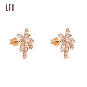 Pendientes de Aro de Oro Real de 18K con Circonita Cúbica y Flores al por Mayor, Pendientes de Oro Puro de 18K AU750 - Product Image 1