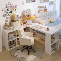 Bureau ergonomique moderne et minimaliste en bois blanc avec étagère de rangement et chaise transparente pour bureau à domicile et chambre