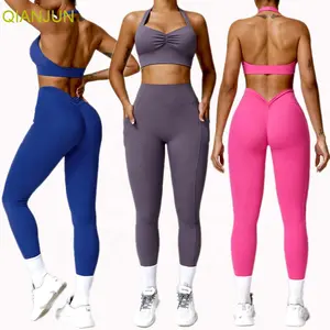 with Pocket Sexy Breathable 2 Piece Yoga Sets Clothes Women Cross