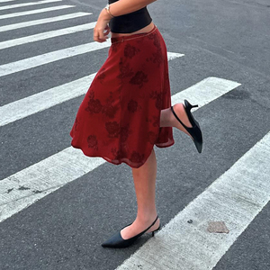 Falda midi de satén floral roja vintage para mujer, falda de cintura alta Y2K, falda elegante informal de verano para uso diario - Product Image 5