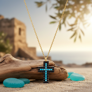 Croix Design Turquoise Zircon Pierre Charme Collier Pendentif Turc À La Main En Gros 925 Bijoux En Argent Sterling - Product Image 3