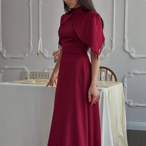 <span class=keywords><strong>Robe</strong></span> longue décontractée à manches chauve-souris, couleur unie, élégante, avec taille perlée, pour soirée, col montant, à franges, style <span class=keywords><strong>robe</strong></span> de soirée - Product Image 2