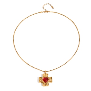 JFJEWER Collier pendentif <span class=keywords><strong>croix</strong></span> martelée or 18 carats acier inoxydable coeur noir zircon rouge Look chic 52cm - Product Image 6