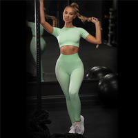 Ensemble de yoga deux pièces pour femme, sans couture, très élastique, ajusté, couleur unie, taille haute - Haut à manches courtes et pantalon long